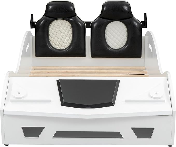 Twin Race Car-Shaped Bed with Storage Space & Upholstered Backrest,Wood Bedframe W/Safety Guardrail,Slats Support,No Box Spring Required,Fun Play for Boys Kids Toddlers Child's Bedroom,White - LeafyLoom