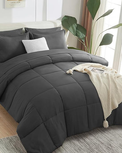 CozyLux Full Size Comforter Sets - 7 Pieces Bed in a Bag Set Dark Grey Full, Gray Complete Bedding Sets Bed Set for All Season with Comforter, Flat Sheets, Fitted Sheet, Pillowcases & Shams - LeafyLoom