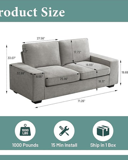 EASELAND 71" Loveseat, Small Chenille Loveseat for Small Spaces, 2-Seater Modern Deep Seat Couch with Removable Back and Cushions, Lounge Sofa for Bedroom with Wood Legs and Fluffy Armrest (Grey) - LeafyLoom