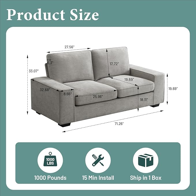 EASELAND 71" Loveseat, Small Chenille Loveseat for Small Spaces, 2-Seater Modern Deep Seat Couch with Removable Back and Cushions, Lounge Sofa for Bedroom with Wood Legs and Fluffy Armrest (Grey) - LeafyLoom