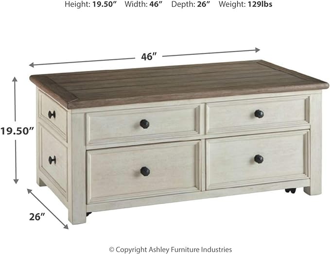 Signature Design by Ashley Bolanburg Farmhouse Lift Top Coffee Table with Drawers, Antique Cream & Brown - LeafyLoom