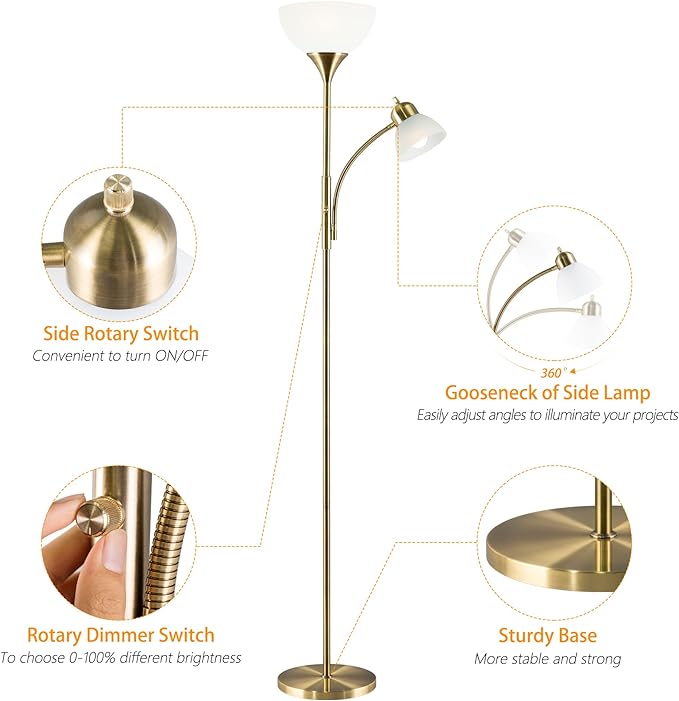 Floor Lamp, Dimmable Standing lamp, 3 Levels Dimmable Brightness, Included 9W and 5W LED Bulbs, Industrial Floor Lamp for Living Room, Bedroom, Office, Reading - LeafyLoom