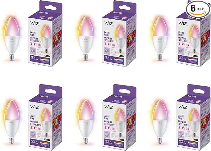 WiZ 40W B12 Color LED Smart Candle-Shaped Bulb - Pack of 6 - E12- Indoor - Connects to Your Existing Wi-Fi - Control with Voice or App + Activate with Motion - Matter Compatible WiZConnectedLighting