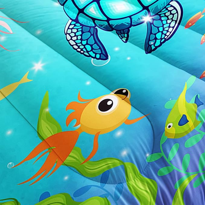 Turtle Comforter Set Twin Ocean Watercolor Sea Turtle Bedding Set Nautical Sea Animal Reptile Bed Set with 2 Pillowcases for Kids Room Decor - LeafyLoom