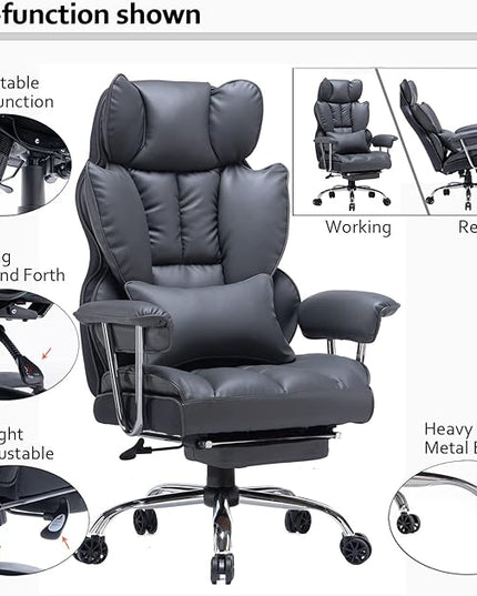 Desk Office Chair 400LBS, Big and Tall Office Chair, PU Leather Computer Chair, Executive Office Chair with Leg Rest and Lumbar Support, Dark Grey Office Chair - LeafyLoom