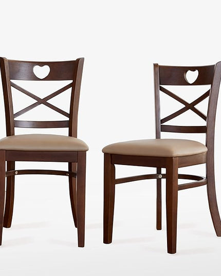 Livinia Heart X-Back Dining Chair Set of 2, Solid Malaysian Oak PU Leather Upholstered Cushion Seat Wooden Cross Back Side Chairs (Walnut) - LeafyLoom