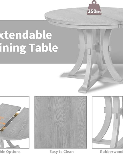 Merax 5-Piece Rustic Set with Round Pedestal Extendable Table and 15.7" Removable Leaf, Simple Dining Chirs for Small Places, Gray, Grey - LeafyLoom