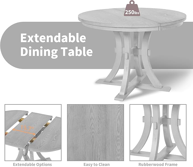 Merax 5-Piece Rustic Set with Round Pedestal Extendable Table and 15.7" Removable Leaf, Simple Dining Chirs for Small Places, Gray, Grey - LeafyLoom