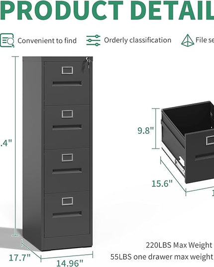 4 Drawer File Cabinet,Metal Filing Cabinets with Lock,Black Vertical File Cabinet for Home Office,Heavy Duty Metal Storage Cabinet for A4/Letter/Legal Size File,Assembly Required - LeafyLoom