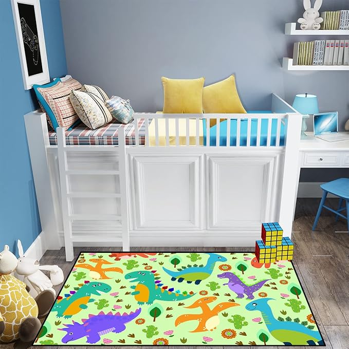 Dinosaur Carpet for Boys Room Dinosaur Play Rug Kids Rug Cartoon Dinosaur Carpet Dino Rug Dinosaur Area Rug for Bedroom Livingroom Playing Room,Green 4'5''×6' - LeafyLoom