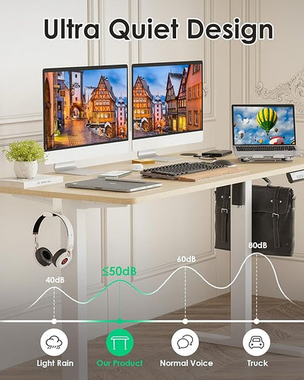 STARY Electric Adjustable Height Sit Stand Home Office Desk with Splice Board, 48x24, Castin Oak Desktop/White Frame - LeafyLoom