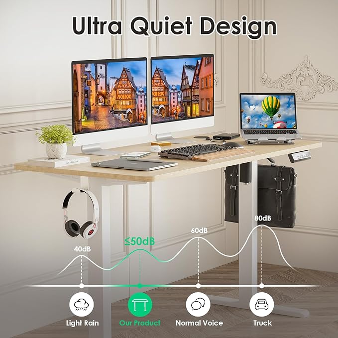STARY Electric Adjustable Height Sit Stand Home Office Desk with Splice Board, 48x24, Castin Oak Desktop/White Frame - LeafyLoom