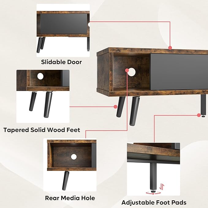 Bestier 70 inch Mid Century Modern TV Stand for 75 inch TV, Low Profile TV Stand with Storage, Entertainment Center for Living Room, Cord Management, Rustic Black - LeafyLoom