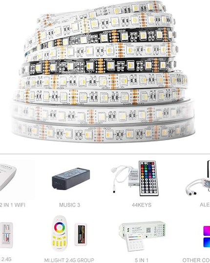 BTF-LIGHTING 5050 RGBW RGB+Cool White(6000K-7000K) 4 Colors in 1 LED Tape Light DC12V 5m 16.4ft 60LED/m Multi-Colored IP30 White 12mm PCB for Bedroom Kitchen Home Decoration(No Adapter or Controller) BTF-LIGHTING