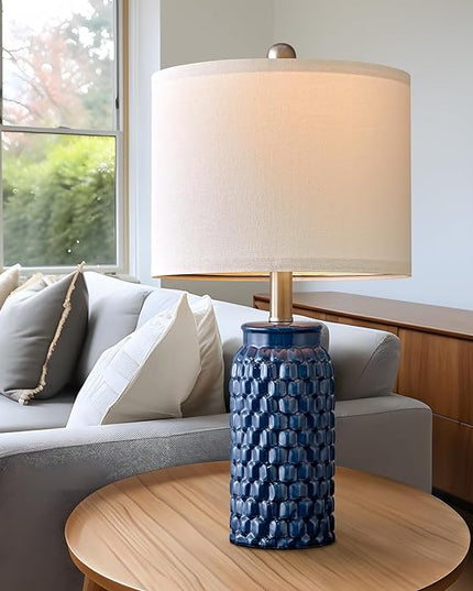 20.5 inches Modern Ceramic Dark Blue Bedside Lamp Set of 2 for Bedroom Decor Farmhouse Table Lamp for Living Room Office Dorm - LeafyLoom