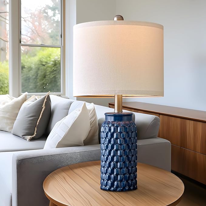 20.5 inches Modern Ceramic Dark Blue Bedside Lamp Set of 2 for Bedroom Decor Farmhouse Table Lamp for Living Room Office Dorm - LeafyLoom