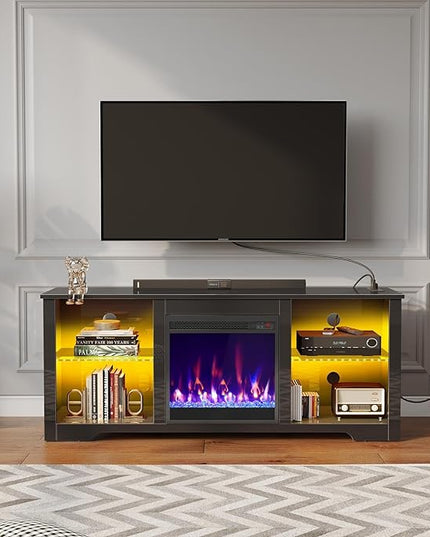 Rolanstar Fireplace TV Stand with Led Lights and Power Outlets, TV Stand for 45/50/55/60/65 inch TVs, Entertainment Center with Electric Fireplace, Modern TV Console with Glass Shelves, Glossy Black - LeafyLoom