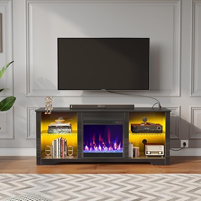 Rolanstar Fireplace TV Stand with Led Lights and Power Outlets, TV Stand for 45/50/55/60/65 inch TVs, Entertainment Center with Electric Fireplace, Modern TV Console with Glass Shelves, Glossy Black - LeafyLoom