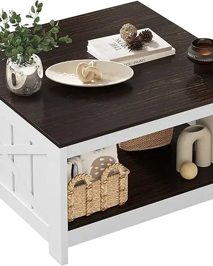 YITAHOME Coffee Table Farmhouse Coffee Table with Storage Rustic Wood Cocktail Table,Square Coffee Table for Living Meeting Room with Half Open Storage Compartment,Dark Brown - LeafyLoom