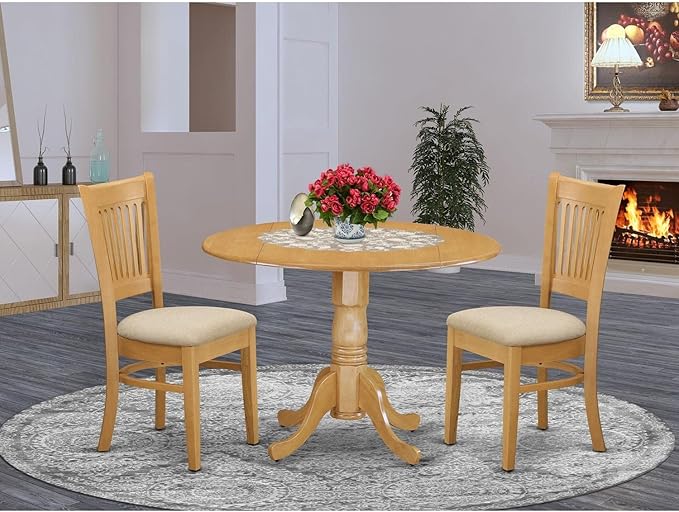 East West Furniture Dublin 3 Piece Set Contains a Round Dining Room Table with Dropleaf and 2 Linen Fabric Upholstered Chairs, 42x42 Inch, DLVA3-OAK-C - LeafyLoom