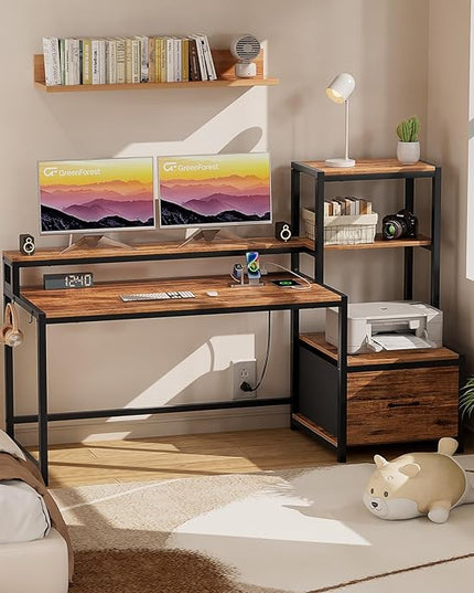 GreenForest Computer Desk with Drawer and Printer Shelf, 68.8 inch Home Office Desk with LED Lights and Power Outlets, Desk with Storage for Study Gaming Working, Walnut - LeafyLoom