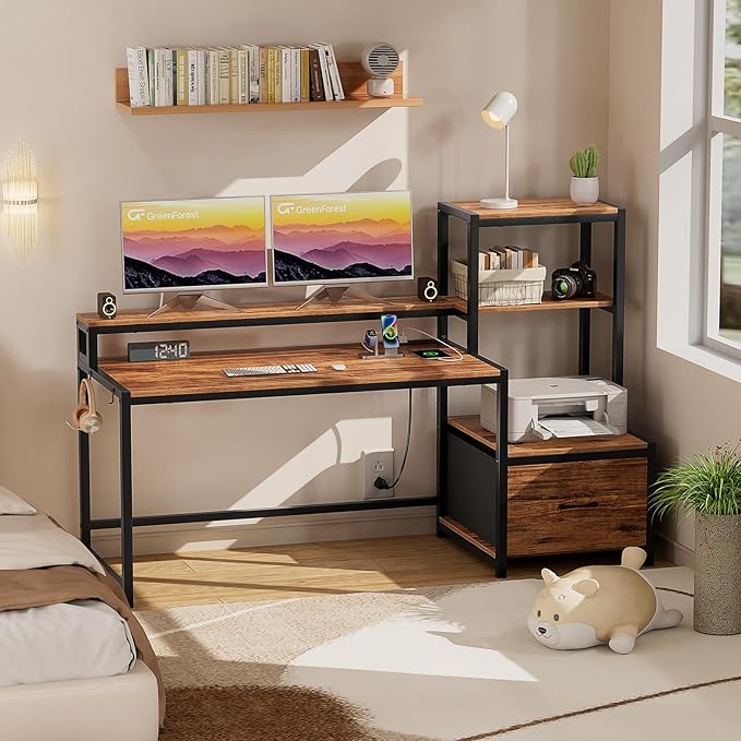GreenForest Computer Desk with Drawer and Printer Shelf, 68.8 inch Home Office Desk with LED Lights and Power Outlets, Desk with Storage for Study Gaming Working, Walnut - LeafyLoom