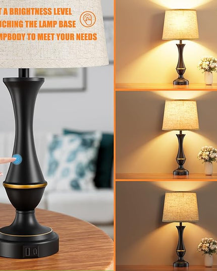 Upgraded Touch Lamps for Bedrooms Set of 2 - Nightstand Table Lamp with USB C+A, 3 Way Dimmable Bedside Lamps for Living Room End Tables, Farmhouse BedroomLamp1 Night Stand Lamps for Office - LeafyLoom