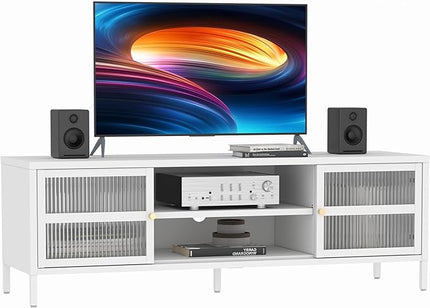 TV Stand for 55 60 inch TV, Glass Door Metal TV Cabinet Modern Mid Century Entertainment Center with Storage, TV Industrial Media Console Table 2 Cabinet for Living Room, Bedroom (White) - LeafyLoom