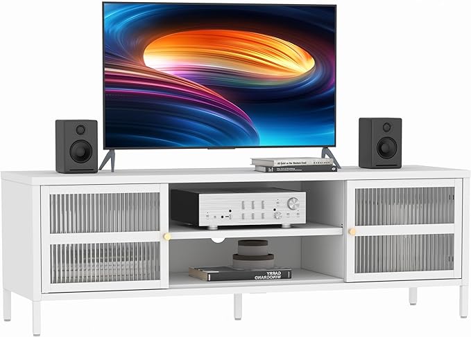 TV Stand for 55 60 inch TV, Glass Door Metal TV Cabinet Modern Mid Century Entertainment Center with Storage, TV Industrial Media Console Table 2 Cabinet for Living Room, Bedroom (White) - LeafyLoom