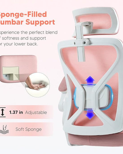 SEATZONE Office Chair, Ergonomic Desk Chair with Adjustable Headrest,Lumbar Support, High Back Mesh Computer Chair with Wheels and Flip-up Armrests,Executive Chairs(Peach Pink) - LeafyLoom