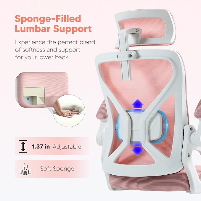 SEATZONE Office Chair, Ergonomic Desk Chair with Adjustable Headrest,Lumbar Support, High Back Mesh Computer Chair with Wheels and Flip-up Armrests,Executive Chairs(Peach Pink) - LeafyLoom