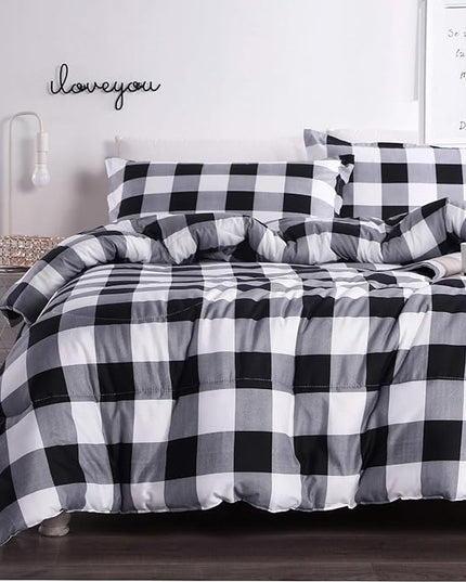 Andency Black Plaid Comforter Set Queen Size (90x90 Inch), 3 Pieces (1 Gingham Comforter and 2 Pillowcases), Summer Lightweight Microfiber Buffalo Check Down Alternative Comforter Set - LeafyLoom
