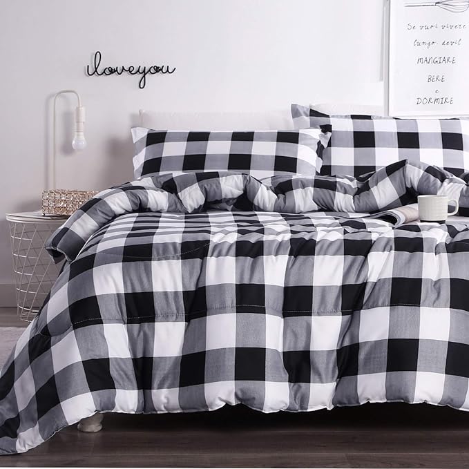 Andency Black Plaid Comforter Set King Size (90x104 Inch), 3 Pieces (1 Gingham Comforter and 2 Pillowcases), Summer Lightweight Microfiber Buffalo Check Down Alternative Comforter Set - LeafyLoom