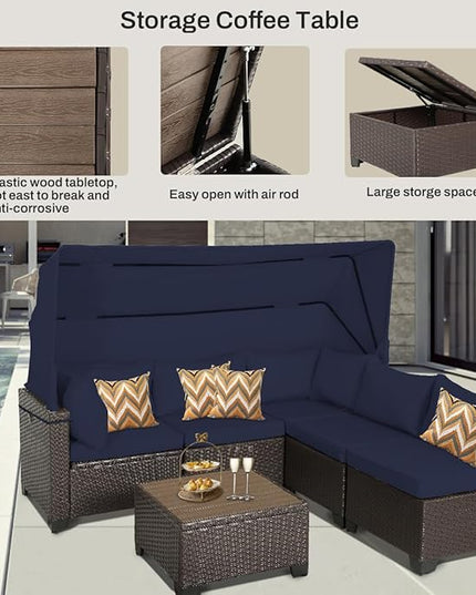 6 PCS Outdoor Patio Furniture Set,Sectional Sofa Set,Rattan Daybed with Retractable Canopy,Adjustable Backrest,Storage Coffee Table,Chaise Chair Sunbed for Garden Poolside Backyard(Navy Blue) - LeafyLoom
