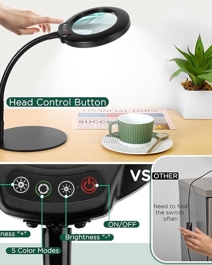 8X Magnifying Glass with Light and Stand, 5 Color Modes Stepless Dimmable Flexible Gooseneck Magnifying Desk Lamp, LED Lighted Magnifier Hands Free for Craft Reading Painting Close Work Hobby - LeafyLoom