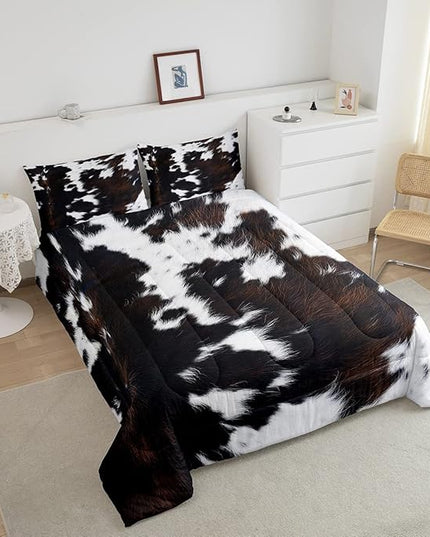 Brown Cowhide Comforter Set King,Black White Aztec Cow Print Bedding Set Western Farmhouse Animal Fur Down Comforter for Kids Boys Girls,Rustic Cowboy Quilt Duvet Set 2 Pillow Cases Bedroom Decor - LeafyLoom