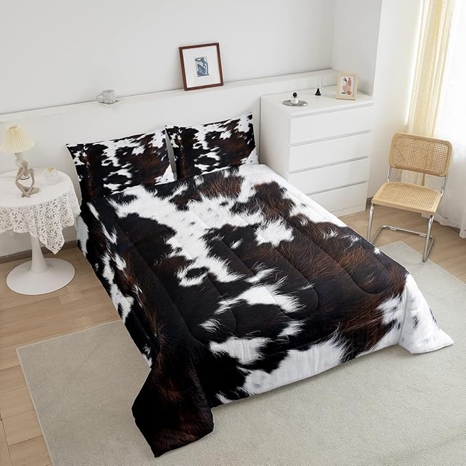 Brown Cowhide Comforter Set King,Black White Aztec Cow Print Bedding Set Western Farmhouse Animal Fur Down Comforter for Kids Boys Girls,Rustic Cowboy Quilt Duvet Set 2 Pillow Cases Bedroom Decor - LeafyLoom