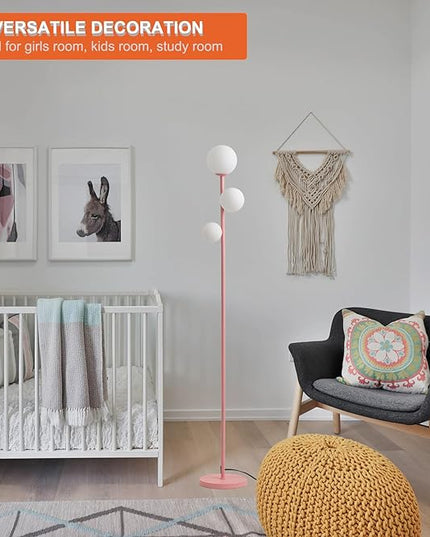 3 Globe Floor Lamp with Sphere Frosted Glass Shade and Warm Light LED Bulbs, Pink Modern Standing Lamp, Cute LED Tall Pole Lamp for Living Room, Bedroom, Girls Room - Elegant Pink - LeafyLoom