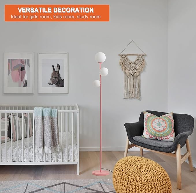 3 Globe Floor Lamp with Sphere Frosted Glass Shade and Warm Light LED Bulbs, Pink Modern Standing Lamp, Cute LED Tall Pole Lamp for Living Room, Bedroom, Girls Room - Elegant Pink - LeafyLoom