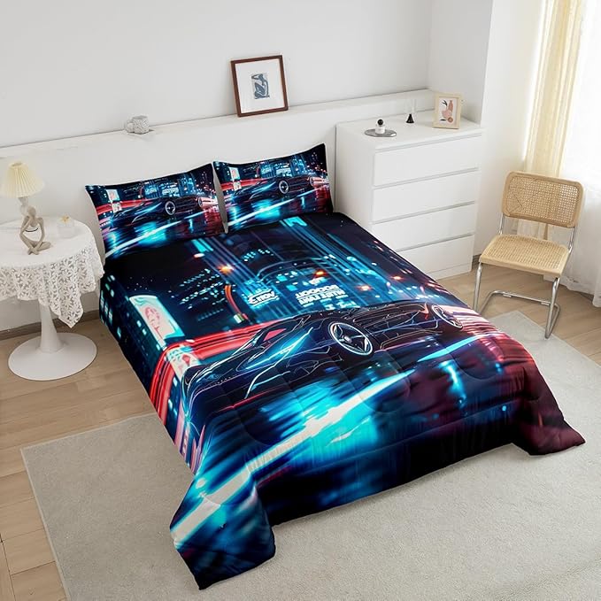 Feelyou City Racing Car Bedding Set King Size for Kids Boys Extreme Sport Games Comforter Set Teens Toddler Fast and Furious Duvet Set Cool Modern Quilt Set 3Pcs - LeafyLoom