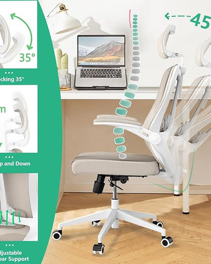 Ergonomic Office Chair - Comfy Desk Chairs with Wheels and Arms, Heavy Duty Mesh Computer Chairs with Comfortable Head Lumbar Back Support for Office, Bedroom, Study and College Dorm (khaki) - LeafyLoom