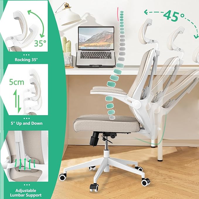 Ergonomic Office Chair - Comfy Desk Chairs with Wheels and Arms, Heavy Duty Mesh Computer Chairs with Comfortable Head Lumbar Back Support for Office, Bedroom, Study and College Dorm (khaki) - LeafyLoom
