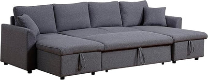U Shaped Convertible Sectional Sofa with Double Chaise and Pull Out Bed , Fabric Upholstered Reversible Corner Couch Sleeper Sofabed w/ Storage , 5 Seater Sofacama with Throw Pillows for Living Room - LeafyLoom