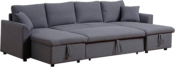 U Shaped Convertible Sectional Sofa with Double Chaise and Pull Out Bed , Fabric Upholstered Reversible Corner Couch Sleeper Sofabed w/ Storage , 5 Seater Sofacama with Throw Pillows for Living Room - LeafyLoom