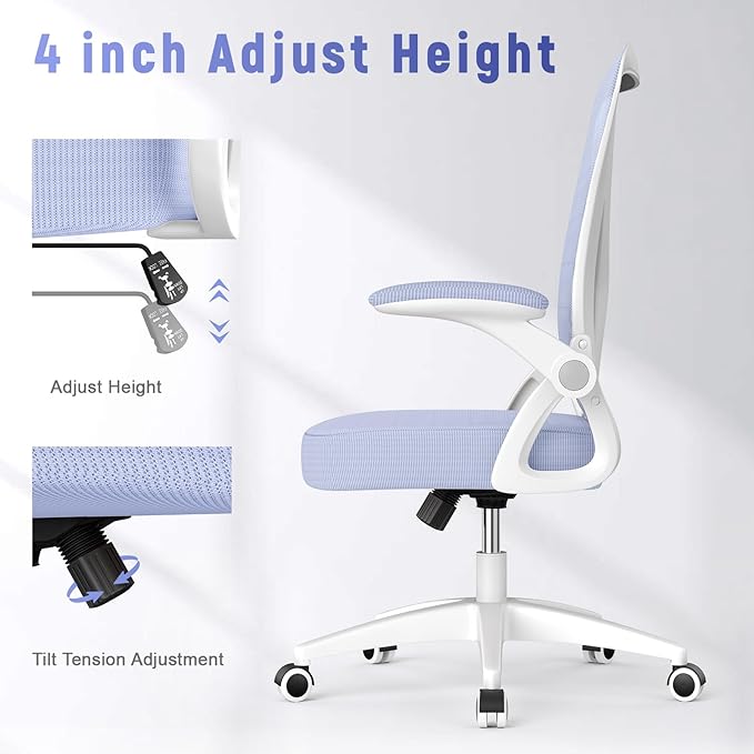 naspaluro Ergonomic Office Chair, Mid Back Desk Chair with Adjustable Height, Flip-Up Arms and Lumbar Support, Breathable Mesh Swivel Computer Chair for Home Study Working/Light Purple - LeafyLoom