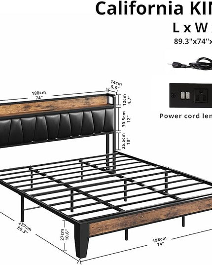 LIKIMIO California King Bed Frame, Storage Headboard with Charging Station, Solid and Stable, Noise Free, No Box Spring Needed, Easy Assembly (Vintage and Black) - LeafyLoom