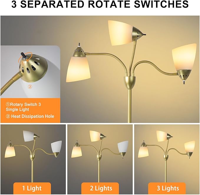 DINGLILIGHTING Floor Lamp Gold for Room: 3-Light Adjustable Flexible Gooseneck Tree Standing Lamp for Bedroom Study Room Office - Modern Multi Head Reading Floor Lights - LeafyLoom