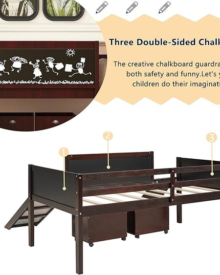 Twin Size Low Loft Bed with Slide and 2 Storage Boxes,Kids Low Loft Bed Frame with Climbing and Chalkboard,Solid Loft Bed Twin for Boys,Girls,Espresso - LeafyLoom