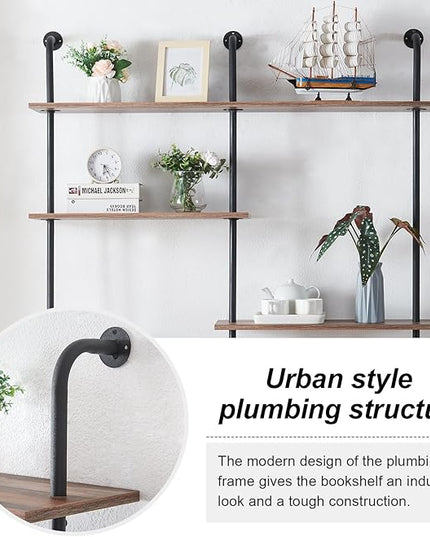 HOMISSUE Industrial Bookshelf 5-Tier Open Wall Mount Ladder Bookshelf, Modern Bookcase with Metal Frame and Wood Style for Home Office, Wall Mounted industrial Iron Pipe Shelf, Oak Brown - LeafyLoom