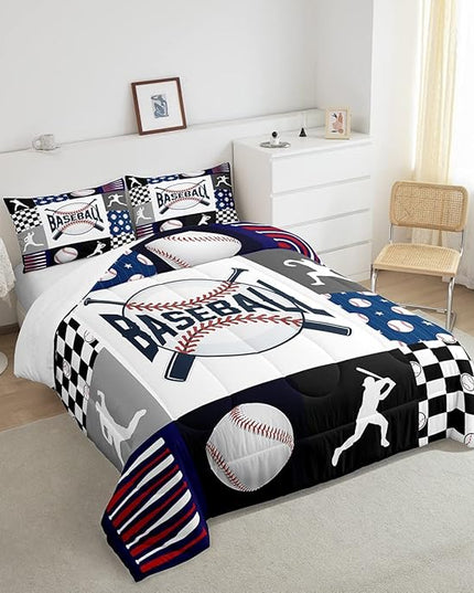 Baseball Bedding,Kids Sports Baseball Comforter Set For Boys Girls Twin Size,Teen Baseball Quilt Set Sport Fans Room Decor,Patchwork Geometric Checkered Comforter Balck white Navy Blue 1 Pillowcase - LeafyLoom